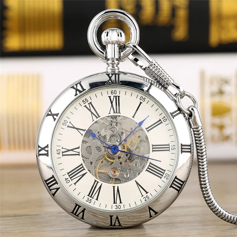 Gold/Silver Roman Numerals Open Face Men Women Mechanical Automatic Pocket Watch Pendant Chain Clock Skeleton Watches Gift