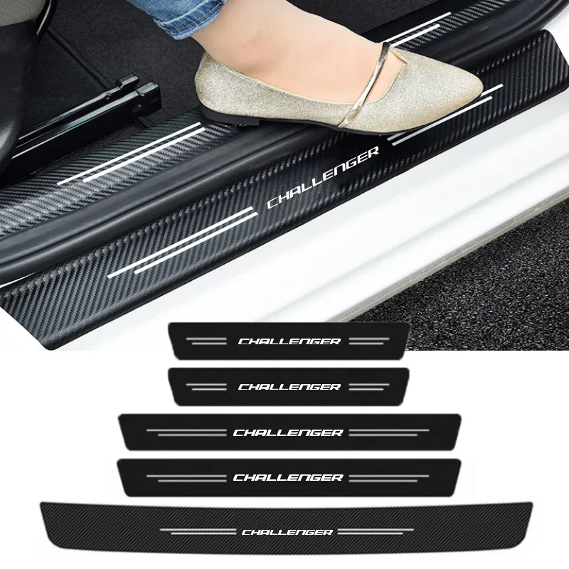 Carbon Fiber Car Door Threshold Sill Scuff Plate Stickers Rear Trunk Anti-scratches Decal for Dodge Challenger Logo Decoration