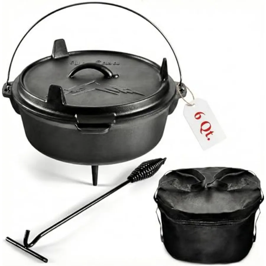 

6Qt Cast Iron Camping Dutch Oven with Lid Lifter and Storage Bag - Pre-Seasoned Outdoor Dutch Oven for Campfire Cooking, Stews,