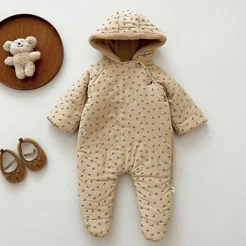 

2024 New Winter Toddler Baby Girl Thicken Warm Romper Long Sleeved Hooded Print Baby Jumpsuit Children Thicken Warm Clothes