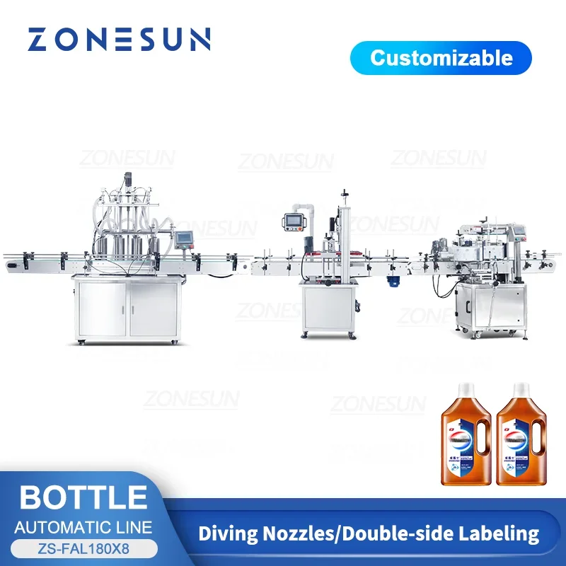 ZONESUN ZS-FAL180X8 Ligne de production automatique 4 têtes Pompe à piston Remplissage liquide Capsulage Carré Bouteille Étiqueteuse