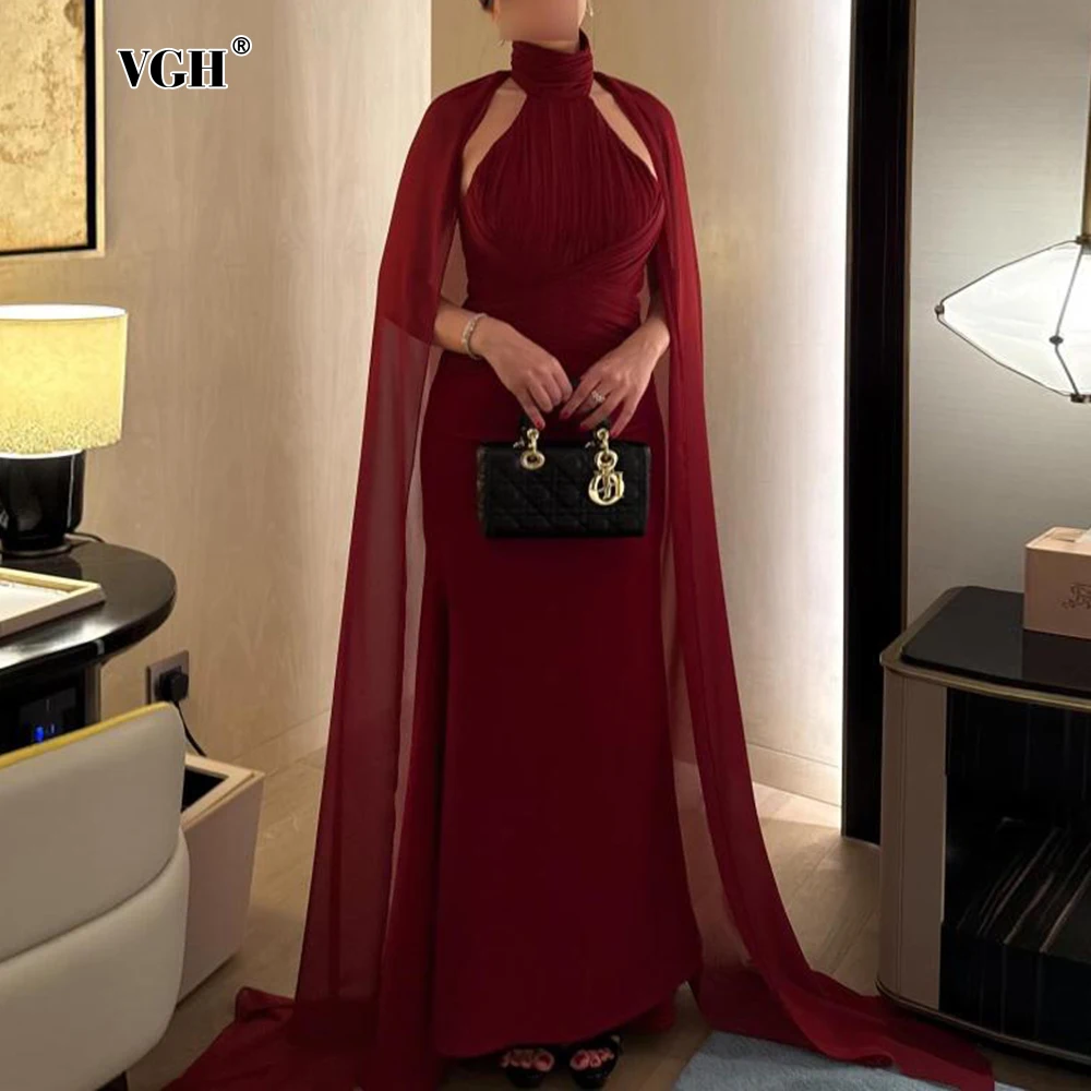 

VGH Red Loose Spliced Folds Chic Dresses for Women Turtleneck Sleeveless Luxury Temperament Dress Female Summer Fashion Style