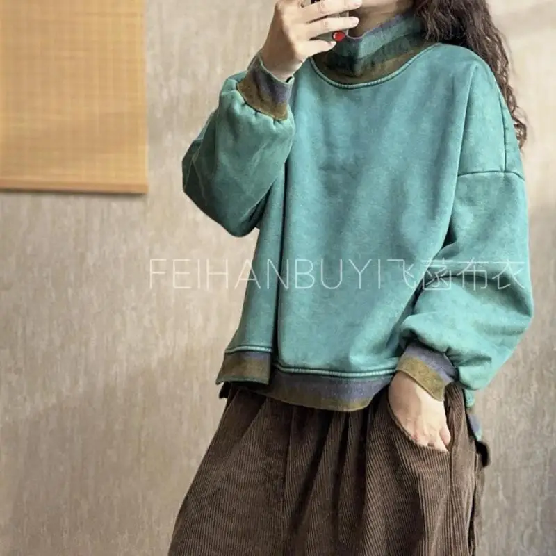 جديد الخريف الشتاء الفنون نمط المرأة طويلة الأكمام الياقة المدورة البلوفرات فضفاضة كل المتطابقة عادية رشاقته الدافئة هوديي جودة عالية