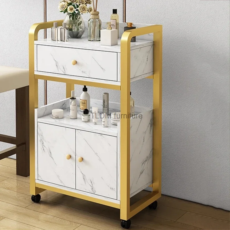 Portable Salon Trolley Golden Luxury Metal Storage Organizer Cart Wheels Tool Cabinet Carrito Auxiliar Salon Furniture MQ50TC