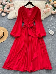 Autumn Women Vintage Pleated Midi Dress Elegant V-Neck Puff Long Sleeve Draped Vestido Sexy High Waist A-Line Red/Green Robe New