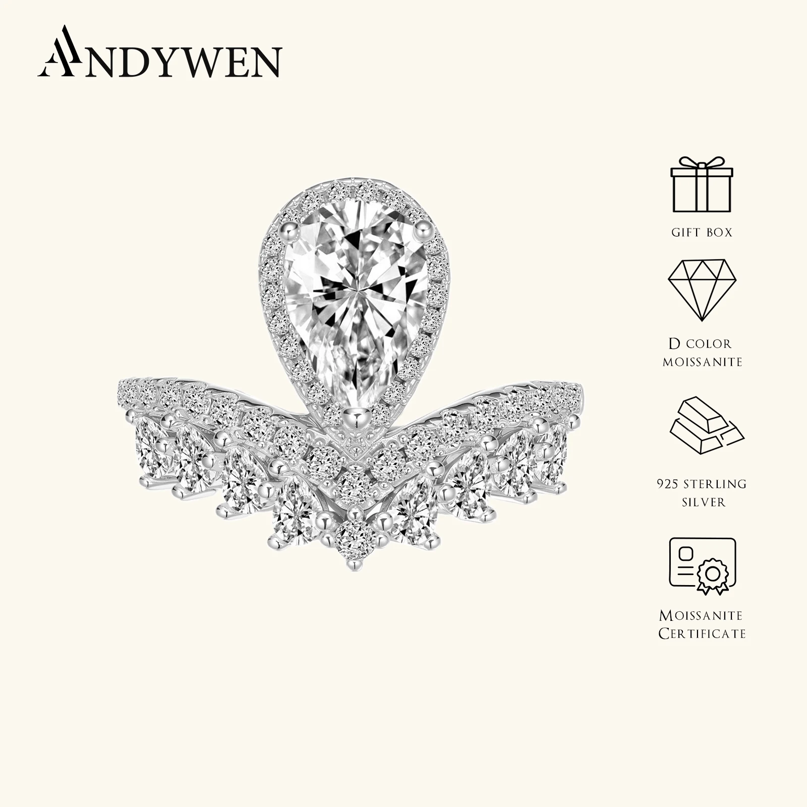 

ANDYWEN 925 Sterling Silver Pear Cut 1.5ct D Color Moissanite Engagement Ring in Crown Setting, Luxury Bridal Jewelry