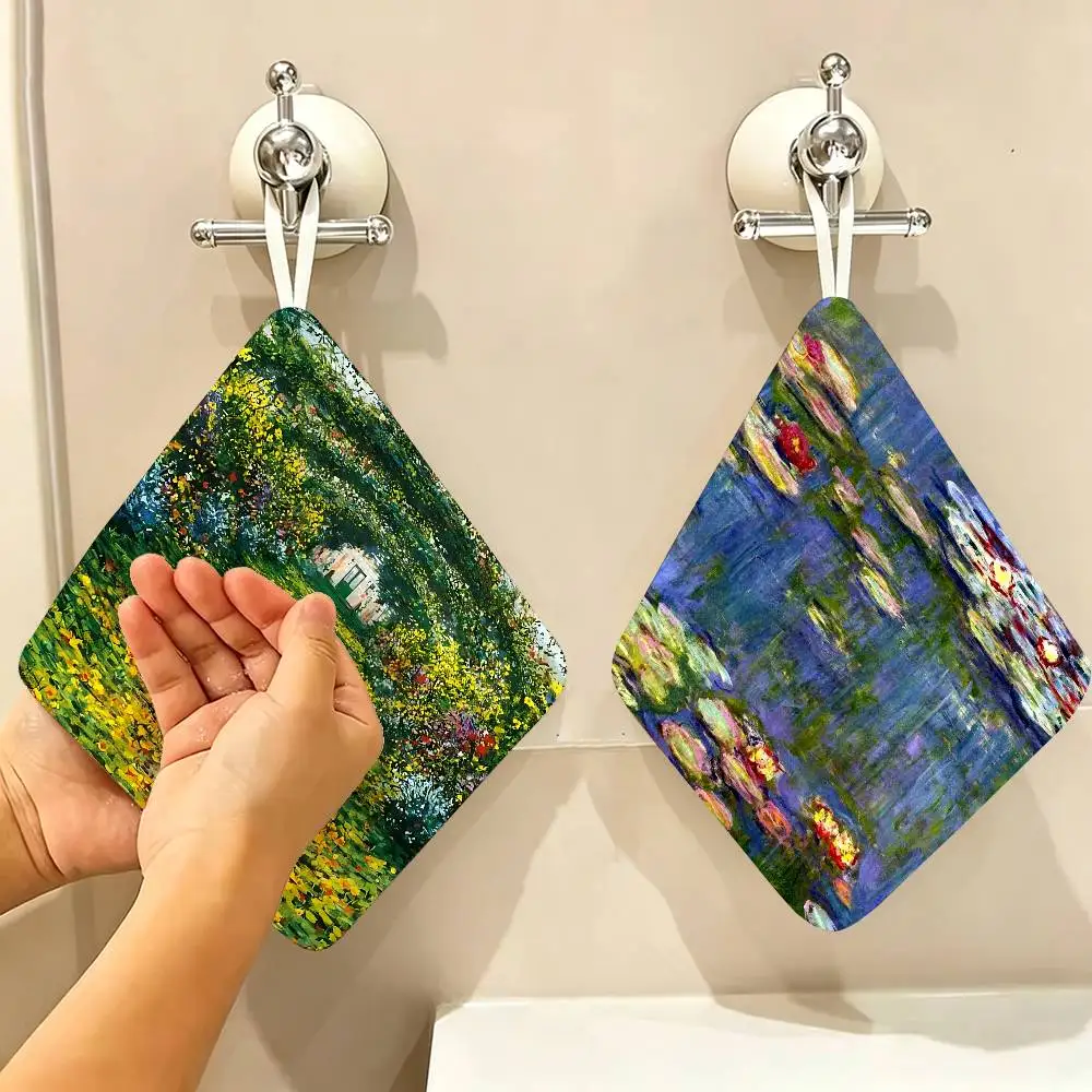 Claude Monet Painting Art Hanging Polyester Cotton Towel, Reusable Hand Wiping Cloth, Wear Resistant for Home Kitchen Sink