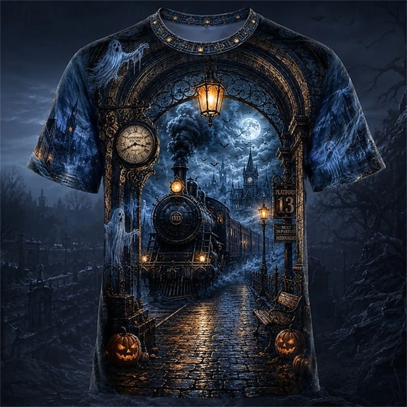 Halloween Men's Short-Sleeve T-Shirt with Spooky Red Moon and Castle Print - Loose Fit Fashionable and Trendy Men's Casual Top