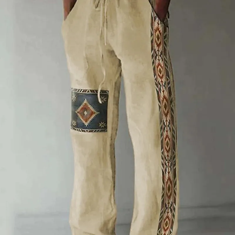 Винтажные мужские брюки в этническом стиле, летние брюки, пляжные брюки, повседневные брюки с эластичной резинкой на талии и 3D геометрическим принтом
