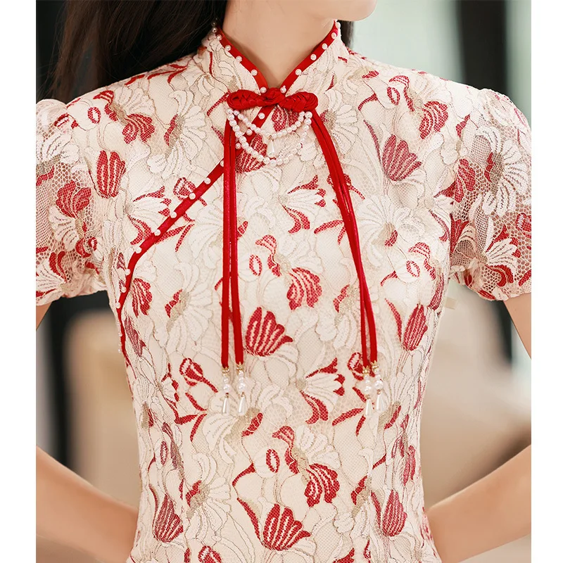 Cheongsam Women Chinese Style Dress Elegant Lace Flower Qipao Vintage Mandarin Collar Vestidos Improved Banquet Dress Gown