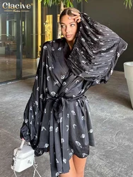 Clacive Fashion Loose Print Women's Dress 2025 Casual V-Neck Long Sleeve Mini Dresses Elegant Classic Lace-Up Female Dress