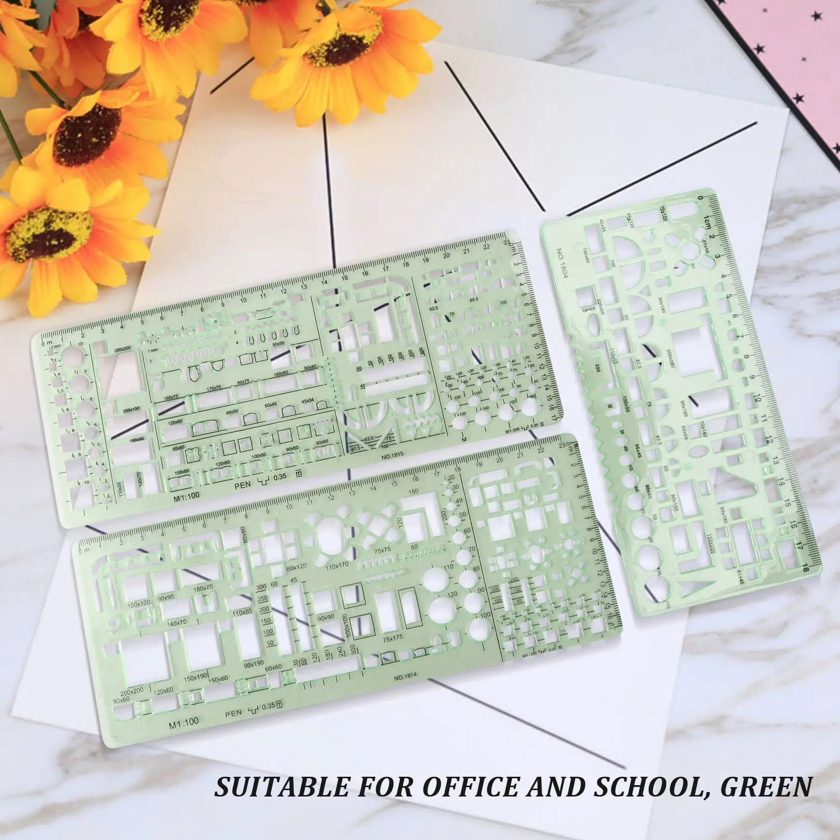 6 Pieces Plastic Measuring Templates Building Formwork Stencils Geometric Drawing Rulers for Office and School,Green