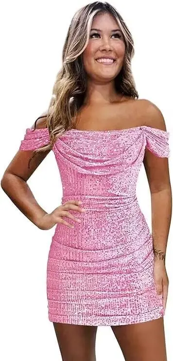 

Платья для встречи выпускников с открытыми плечами для подростков, блестящие короткие узкие платья для выпускного вечера с пайетками для женщин, вечерние платья, выпускное платье