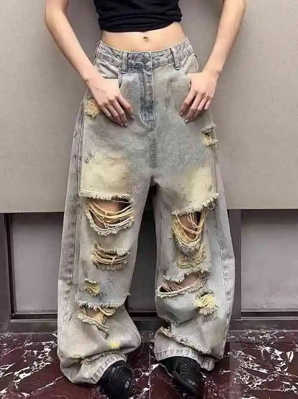 

Женские винтажные синие мешковатые рваные джинсы Y2k, осень 2024, джинсовые брюки в стиле Харадзюку в стиле гранж, 2000-е, 90-е, уличная одежда в стиле хип-хоп, брюки, одежда