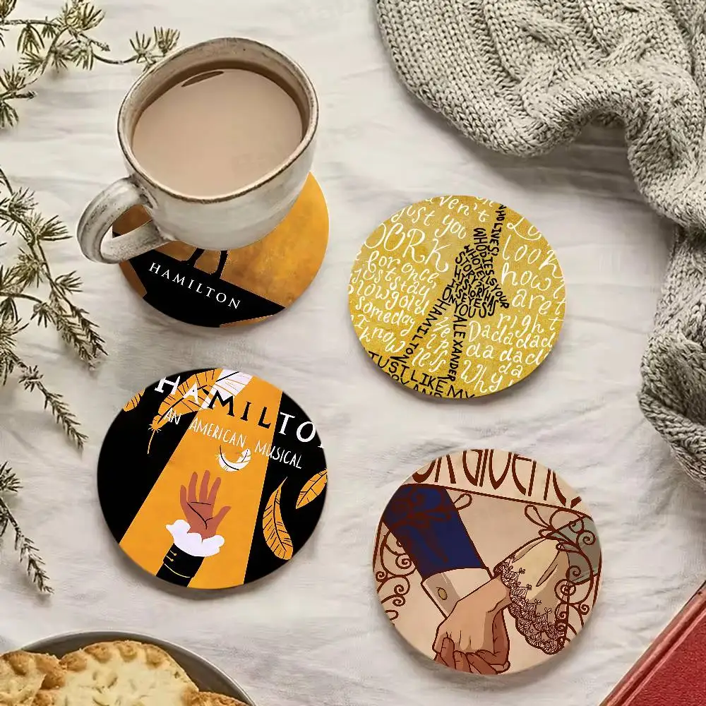 Classic Musical Theater H-Hamilton Wood Coasters Colorful Round Coaster Non-slip Heat Insulation Coffee Mats Home Accessories
