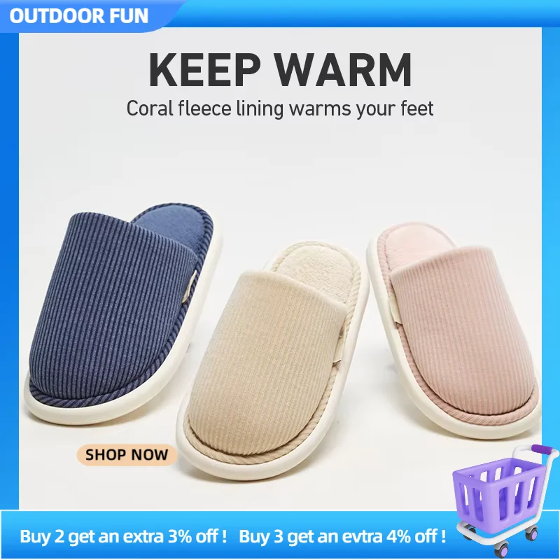

UTUNE Winter Women Home Slippers Concise Solid Men's House Flats Non-slip Plush Family Autumn Indoor Shoes Warm Winter Mute Shoe