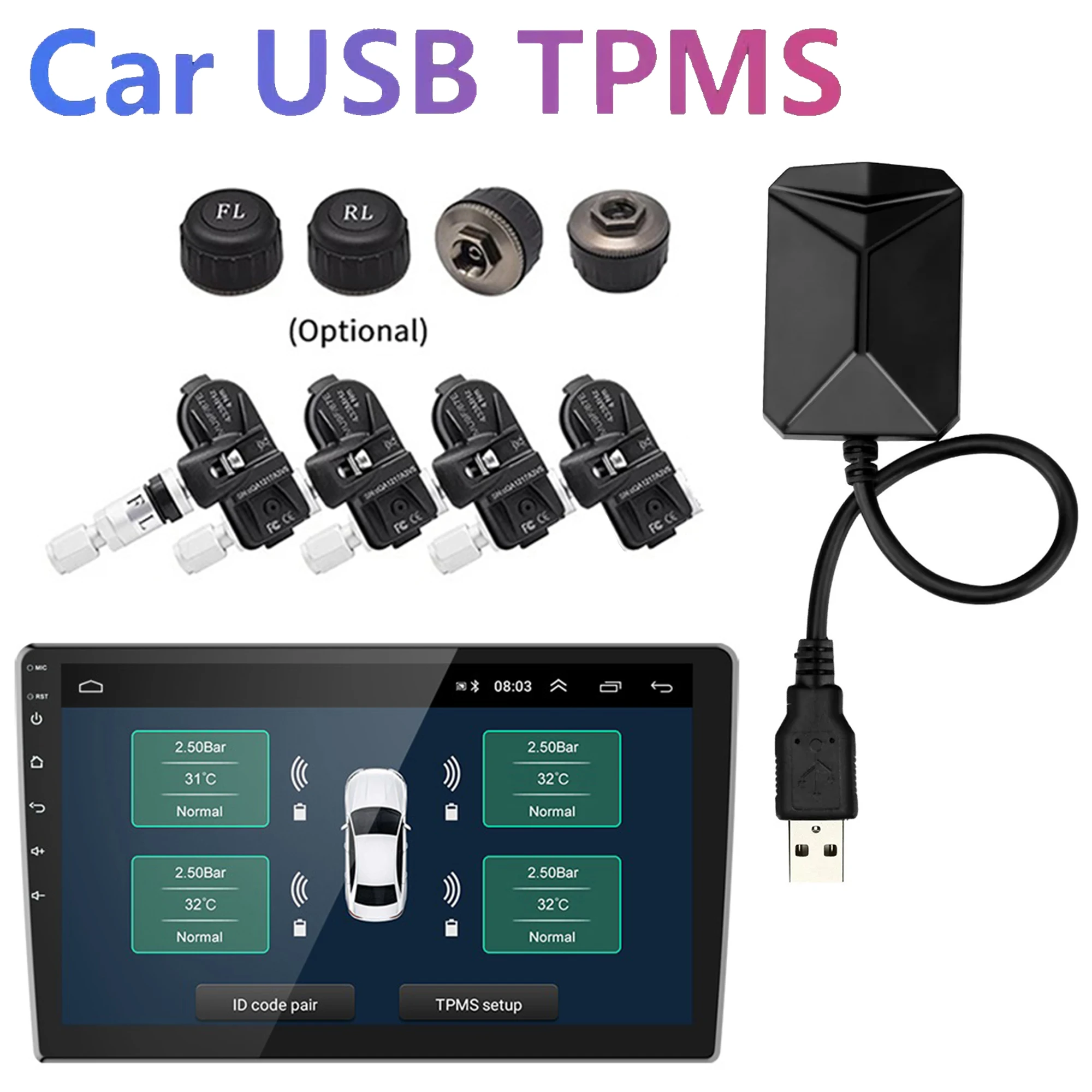 

Android Navigation TPMS With 4 Sensors Alarm System USB Android Car TPMS Wireless Transmission Tire Pressure Monitoring System