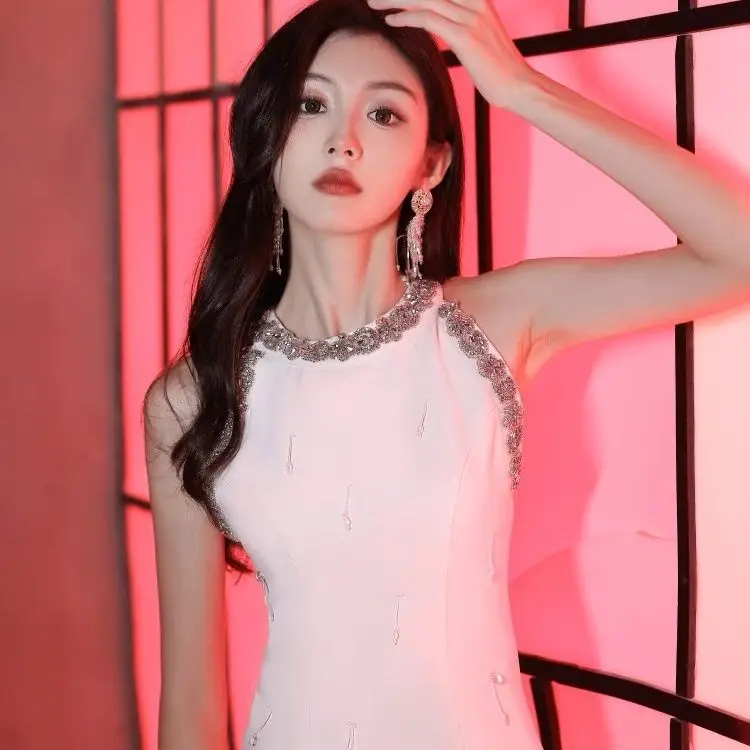 Francese goccia d'acqua paillettes diamante collo vita dimagrante abito nero estate perline con spalle scoperte senza maniche abito corto per le donne