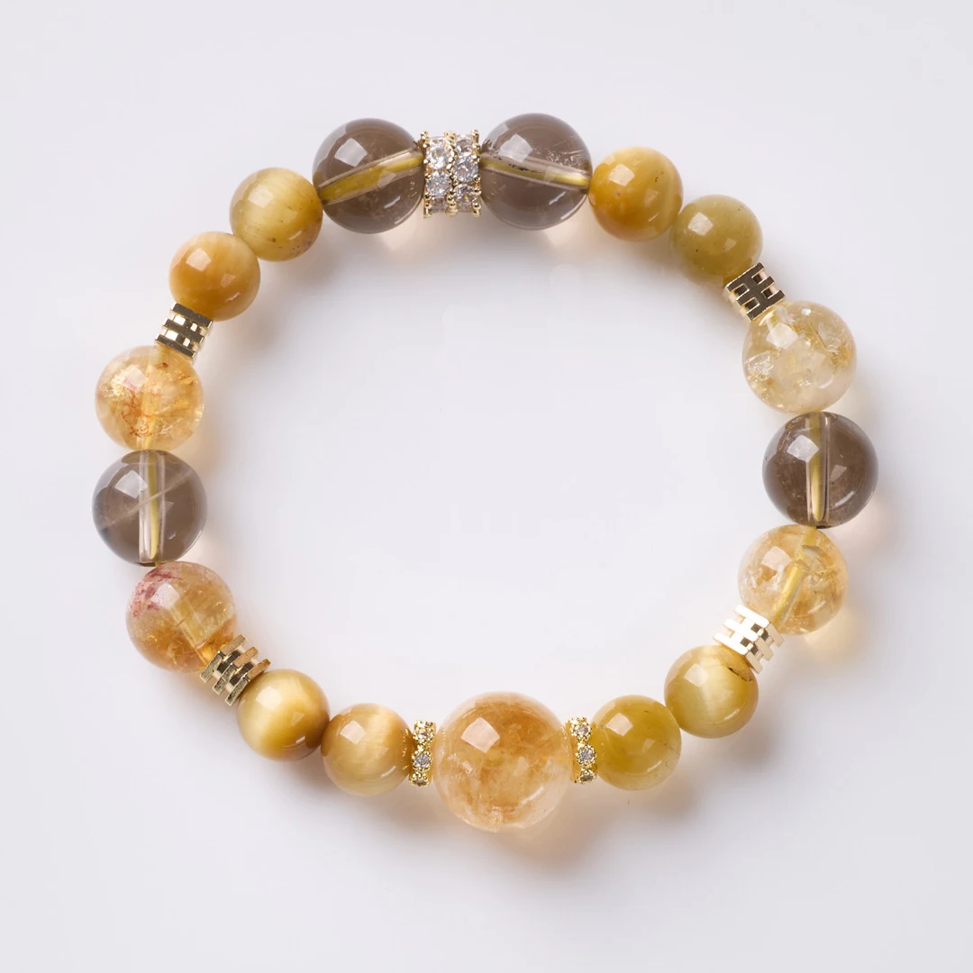 

10mm Natural Citrine Tiger Eye Ice Obsidian Stones Beaded Strand Bracelet for Women Chinese Style Wealth Crystal Fine Jewelry