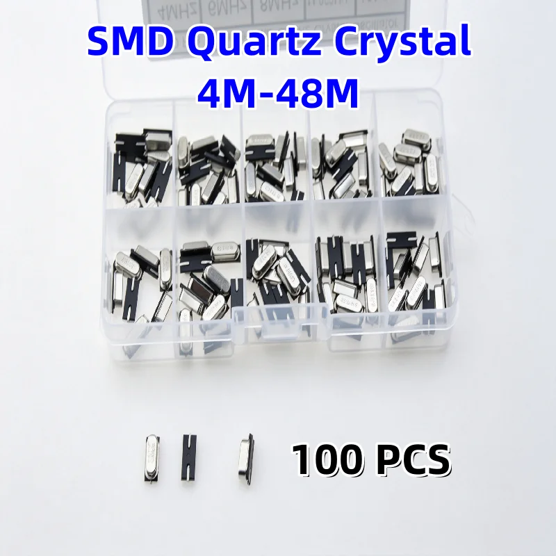 100PCS HC-49S 2Pin SMD Passive Quartz Crystal Resonator Kit 10 Kinds 4MHz-48MHz Electronic Components Assortment Box Set