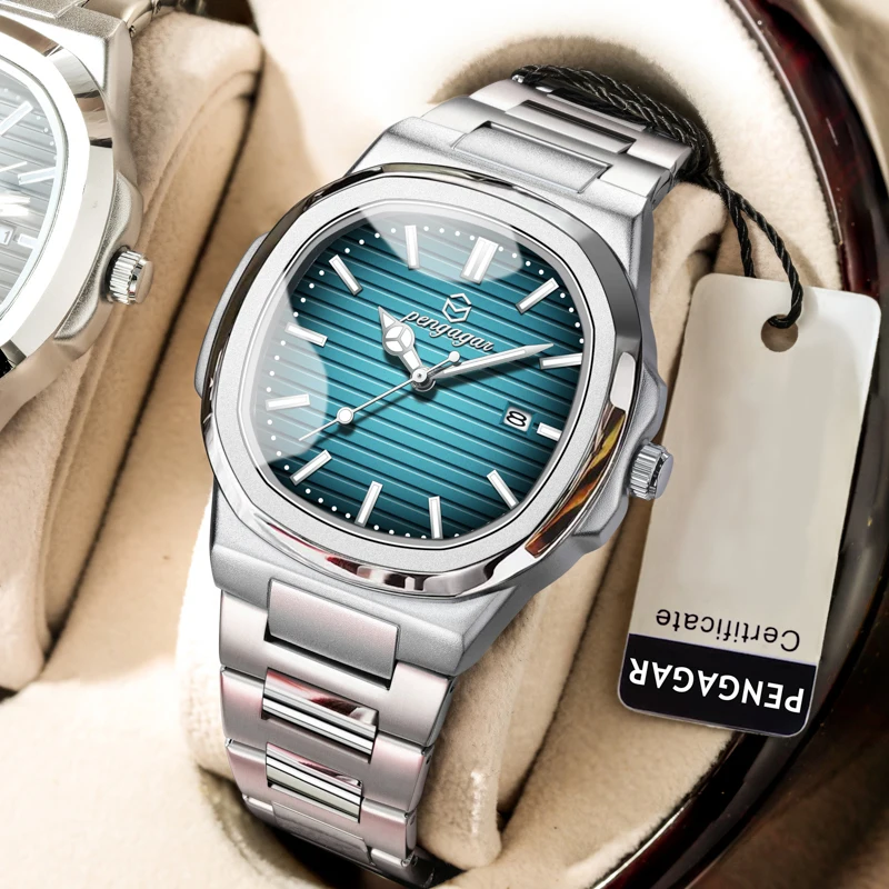 Reloj de pulsera cuadrado de lujo para hombre, elegante, resistente al agua, luminoso, con fecha, de acero inoxidable, reloj de cuarzo para hombre, regalo para días festivos + caja.