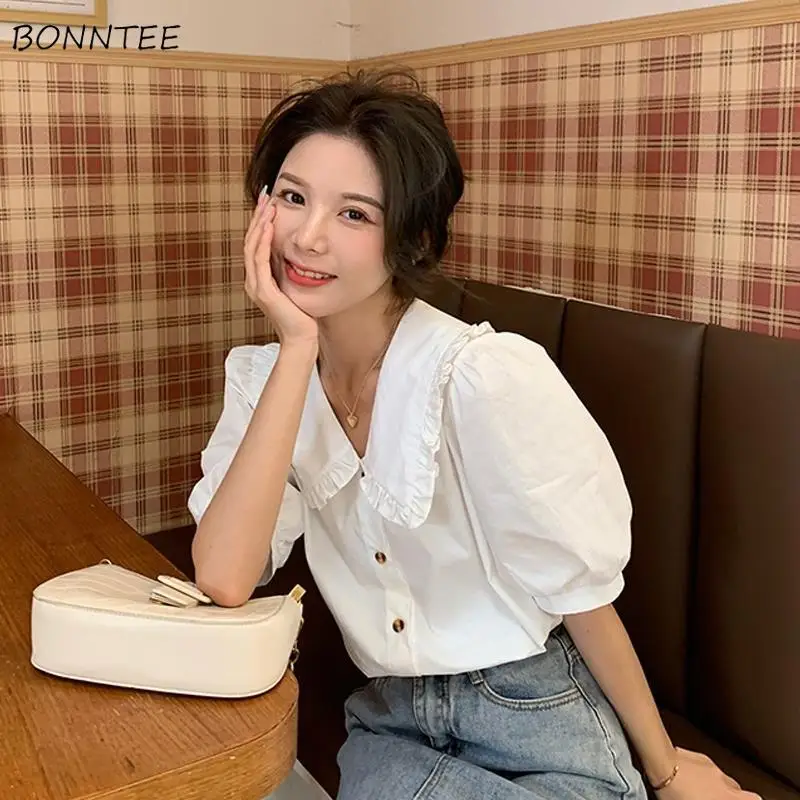 Shirts Women French Sweet Peter Pan Collar Fashion Design Casual Summer New Tender Puff Sleeve Elegant Office Lady Kawaii Cozy