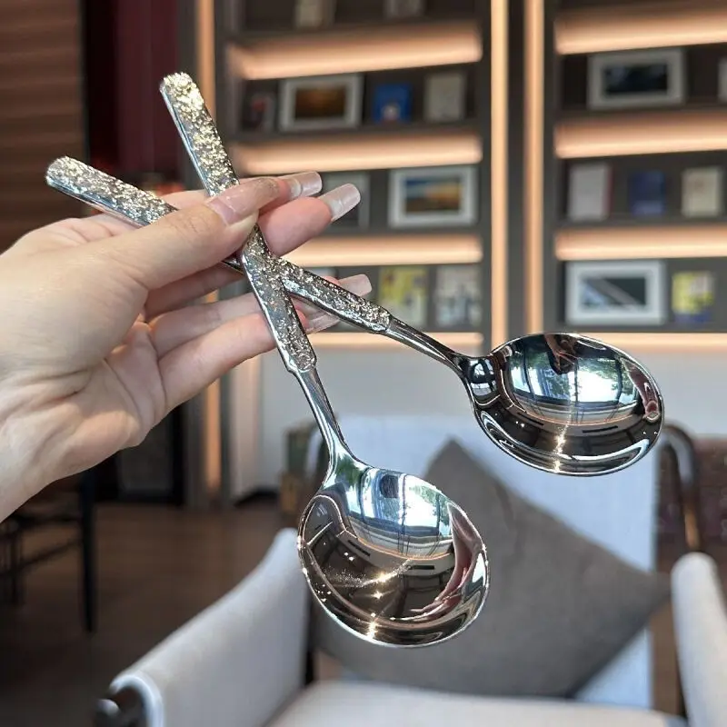 Thickened Stainless Steel Long Handle Soup Spoon Western Dining Utensil Adult Rice Spoon Student Soup Spoon Ice Pattern Spoon