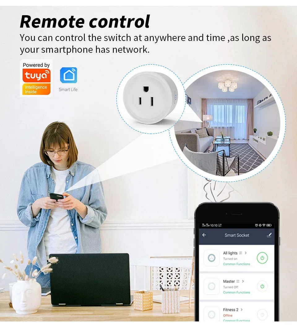 Tuya WIFI Smart Socket US Plug 16A/20A With Power Monitoring Timing Function Smart Life App Outlets Works With Alexa Google Home