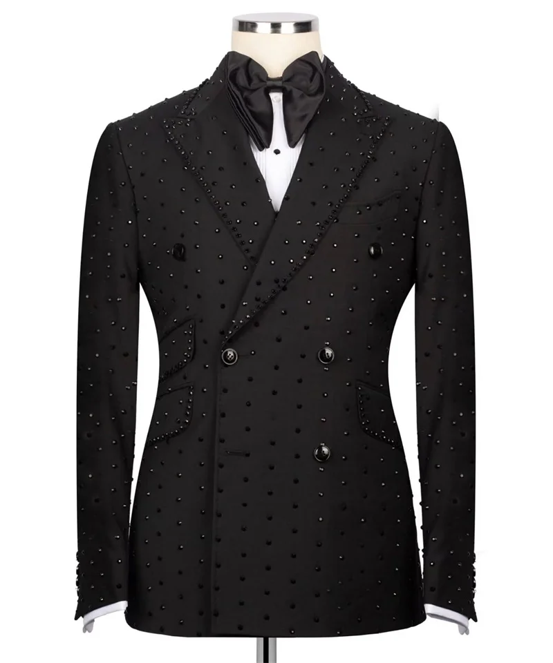 Black Groom Men Suit Set 2 Pcs Blazer+Pants Trousers Crystals Wedding Tuxedos Coat Customized Formal Office Fashion Jacket
