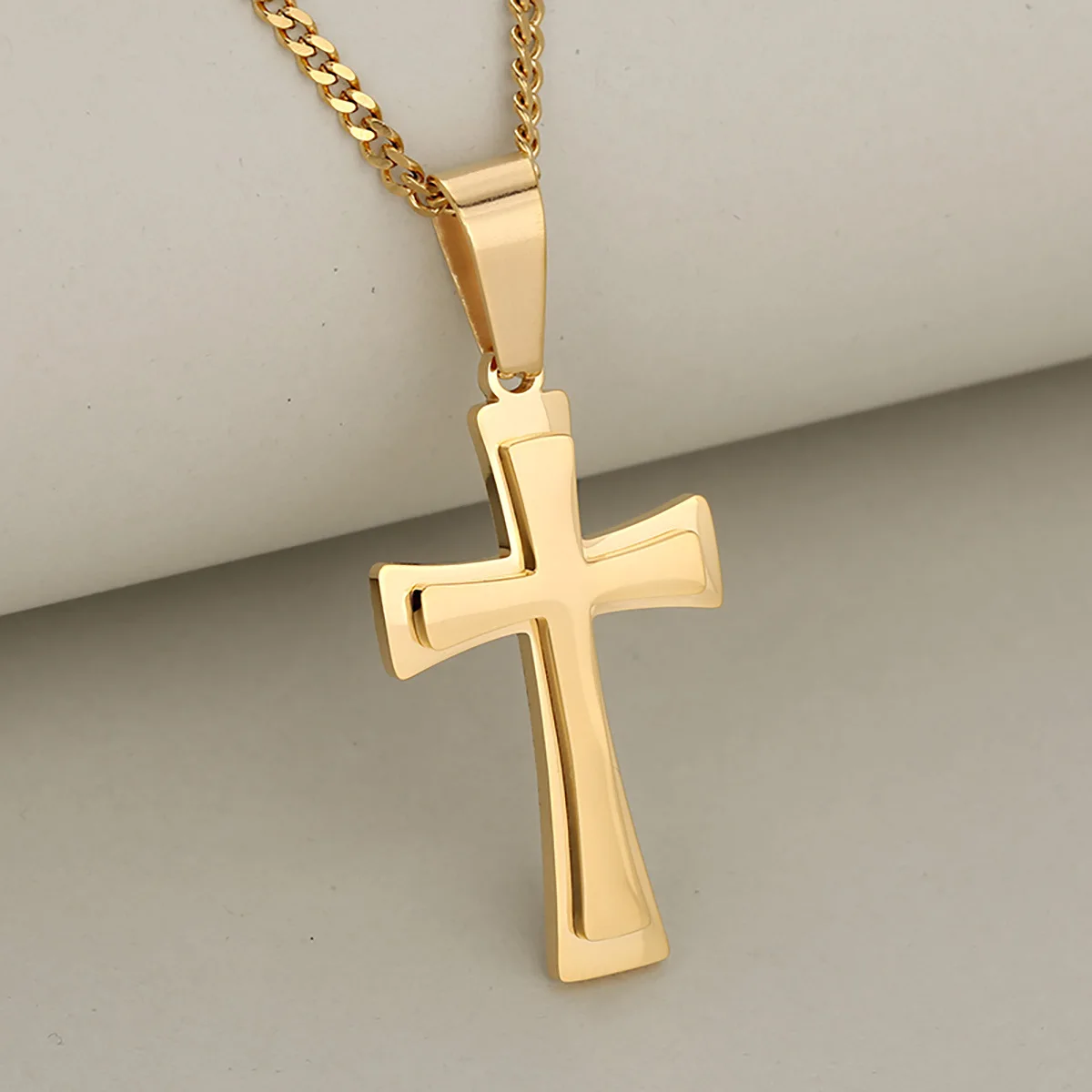 Simple Colorfast 3D Double Layer Cross Stainless Steel Pendant Necklace Set for Women and Men