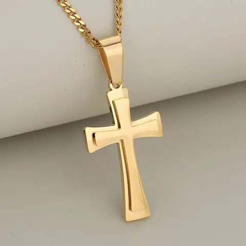 Simple Colorfast 3D Double Layer Cross Stainless Steel Pendant Necklace Set for Women and Men