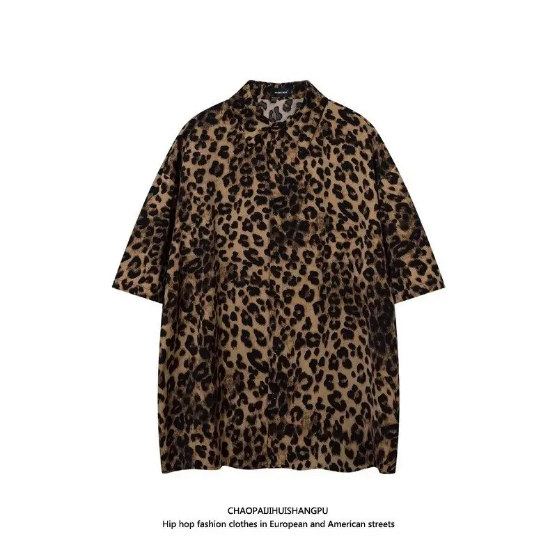 

Leopard Print Casual American Street Style Cool Design Loose Button Trendy Short Sleeve Shirt WY25Cross-border foreign trade