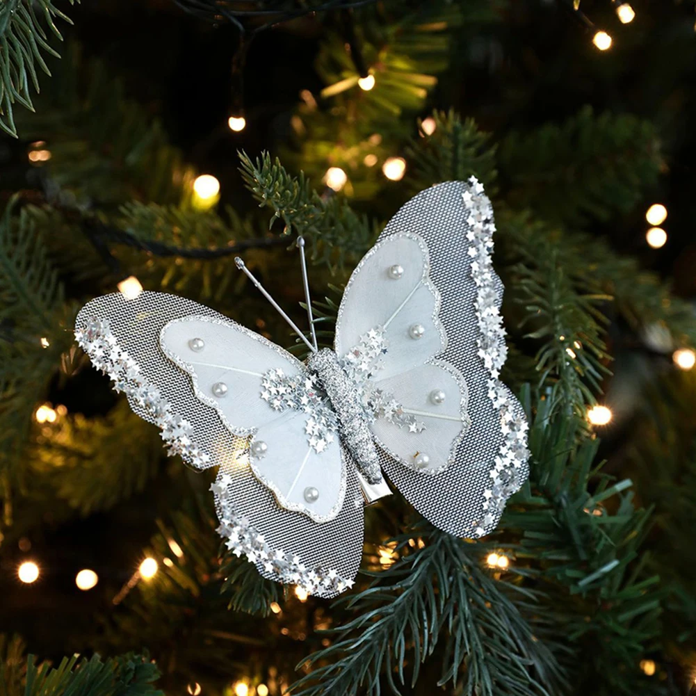 Holiday Decorations 3 Pieces Double Layer Sequin Feather Butterfly Ornaments for Christmas Tree Plastic Material
