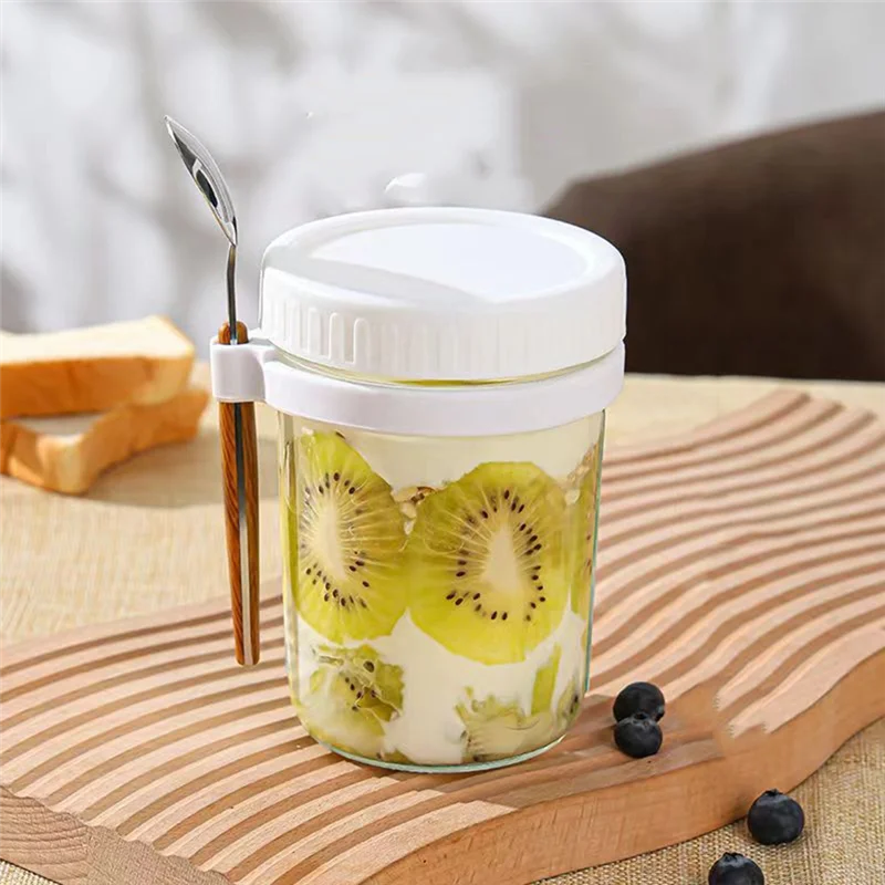 PORK-再利用可能なオーバーナイトオートミールジャーセット、蓋とスプーン付き350ml密封ガラス瓶、シリアルやヨーグルトに使用されます。