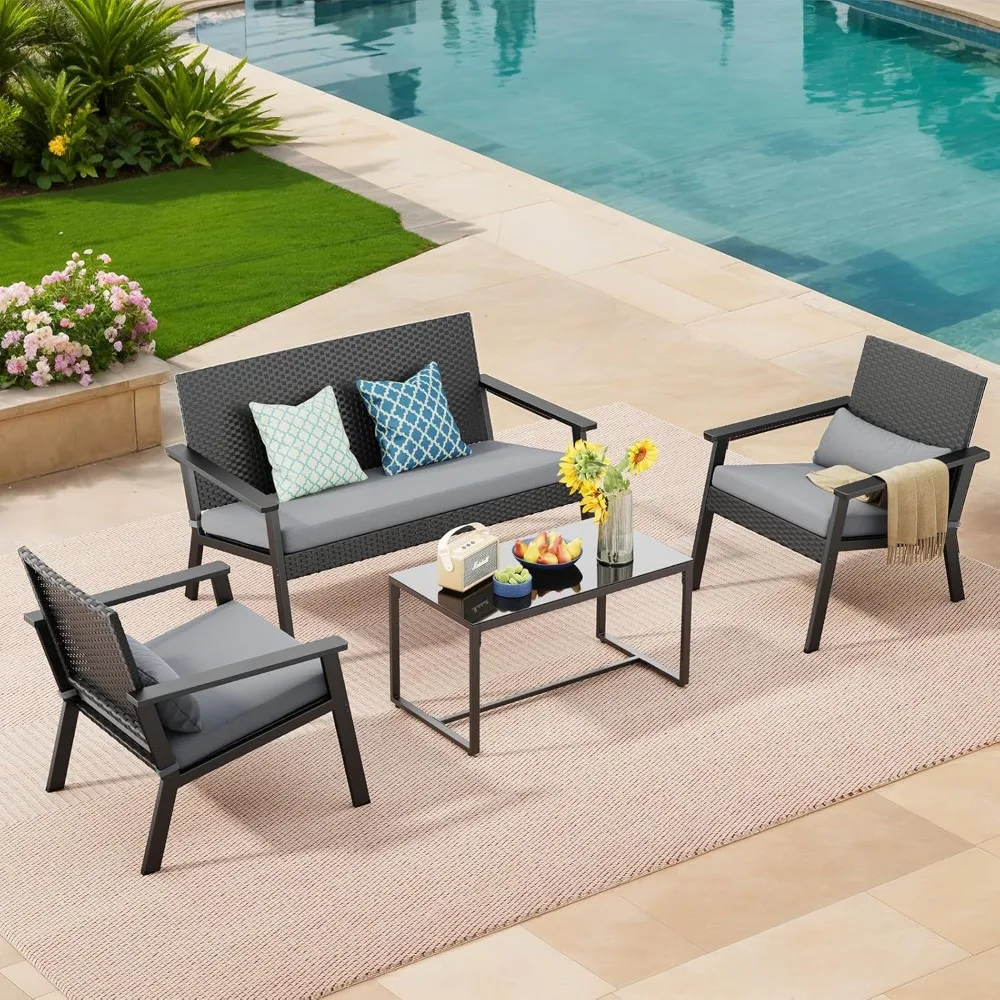 

4-Piece Outdoor Wicker Patio Furniture Set with Deep Seating Cushions and Table for Balcony, Backyard, and Porch (Gray)