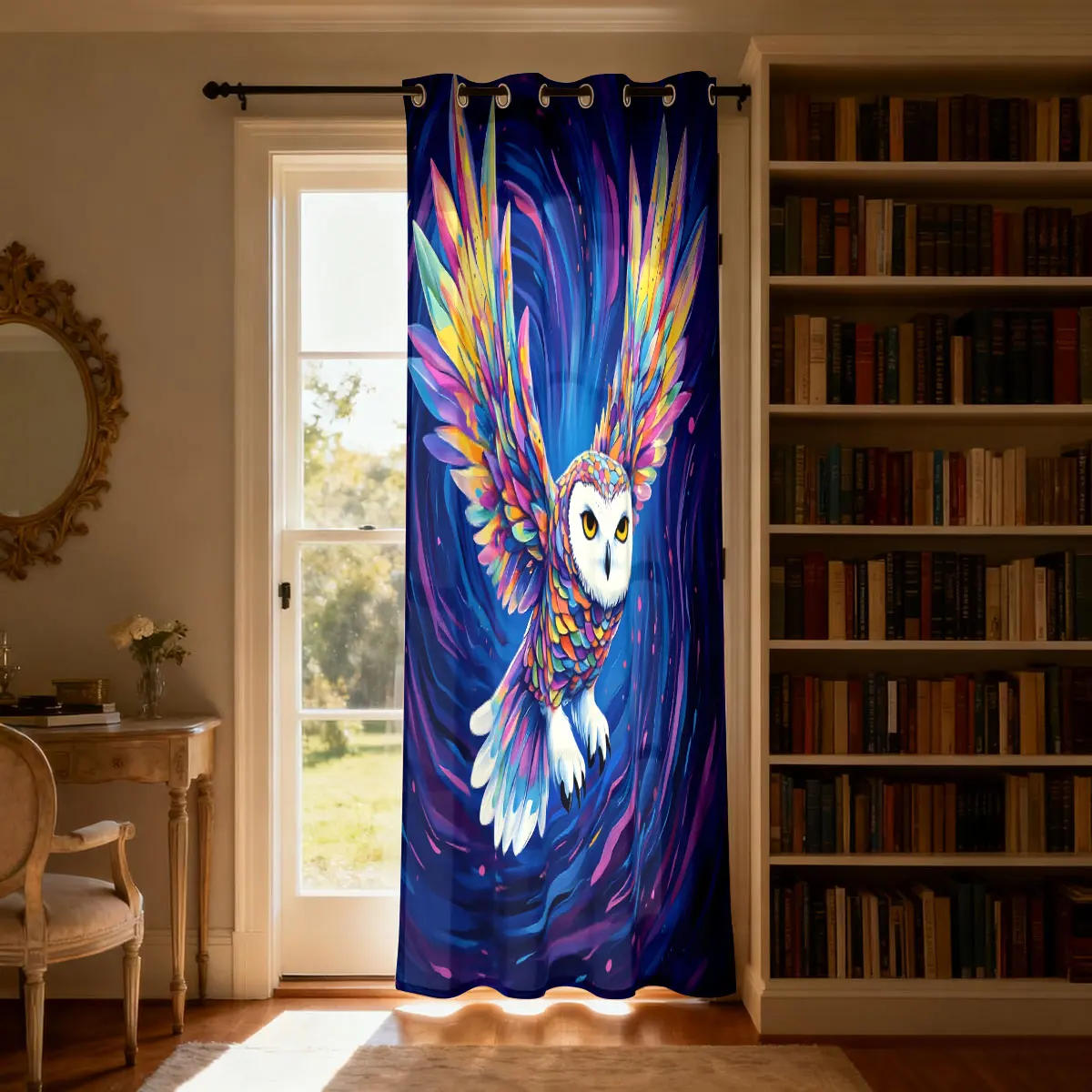 1PC Colorful Starry Sky Flying Owl Print Single Loop Curtain For Living Room Bedroom Door Window Stylish Home Decor view 2