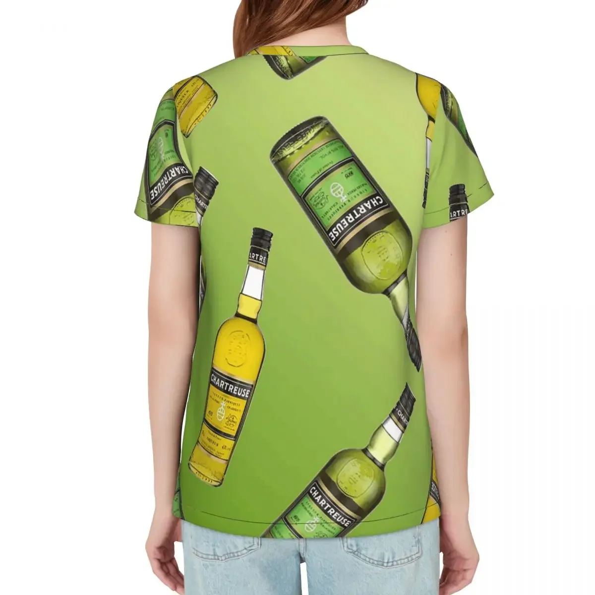 Green Chartreuse Bottle Oil Painting Drink T-Shirt Women Short Sleeve T Shirts O-Neck Streetwear Cotton Summer Tees Streetwear