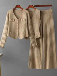 Senior Knitt 3 Piece Set Women V Neck Long Sleeve Cardigan+Metal Button Vest+Wide Leg Pants Fashion Casual Stripe Sweater Suit