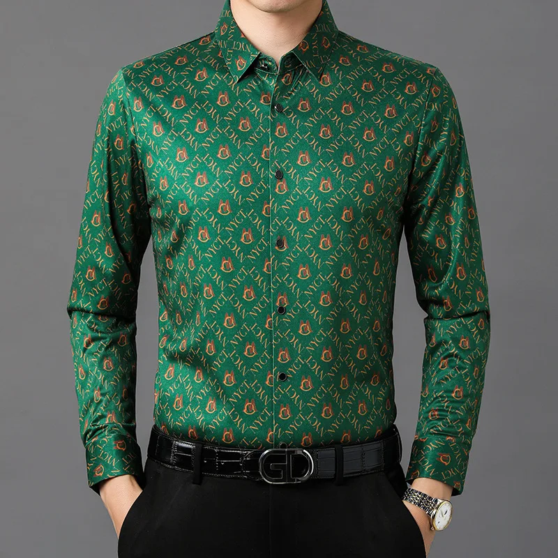 

Green Printed Mens Social Shirts Large Size Work Office Clothes For Mens Fashion Husband Wear Business Gentleman Blouse Party