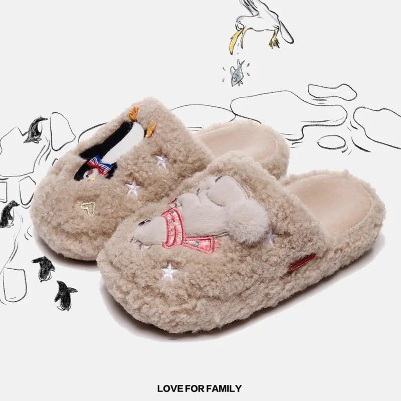 Winter Penguin Embroidery Boys Girls Slippers Cartoon Plush Warm Indoor Shoes For Kids Floor Soft Sole Children Slippers