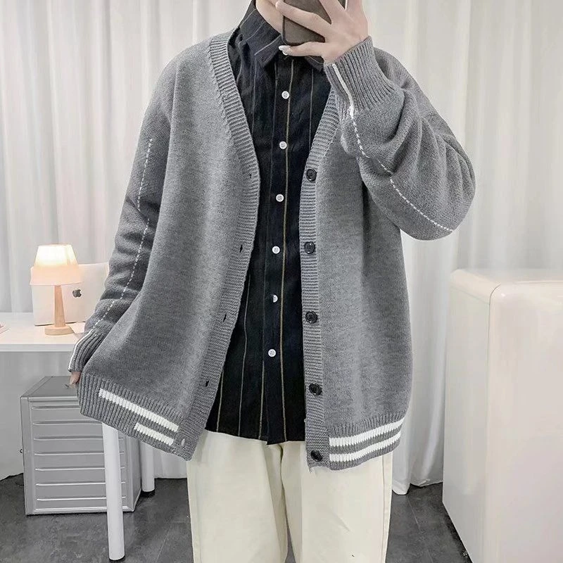 Suéter de malha casual grande estilo japonês para homens – moda outono cardigã de ajuste relaxado