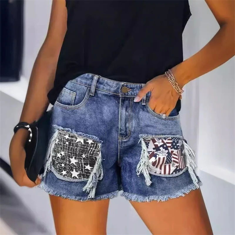 

Women Ripped Denim Shorts Patchwork Snow Wash Summer Casual High Waist Vintage Fashion 2025 Plus Size