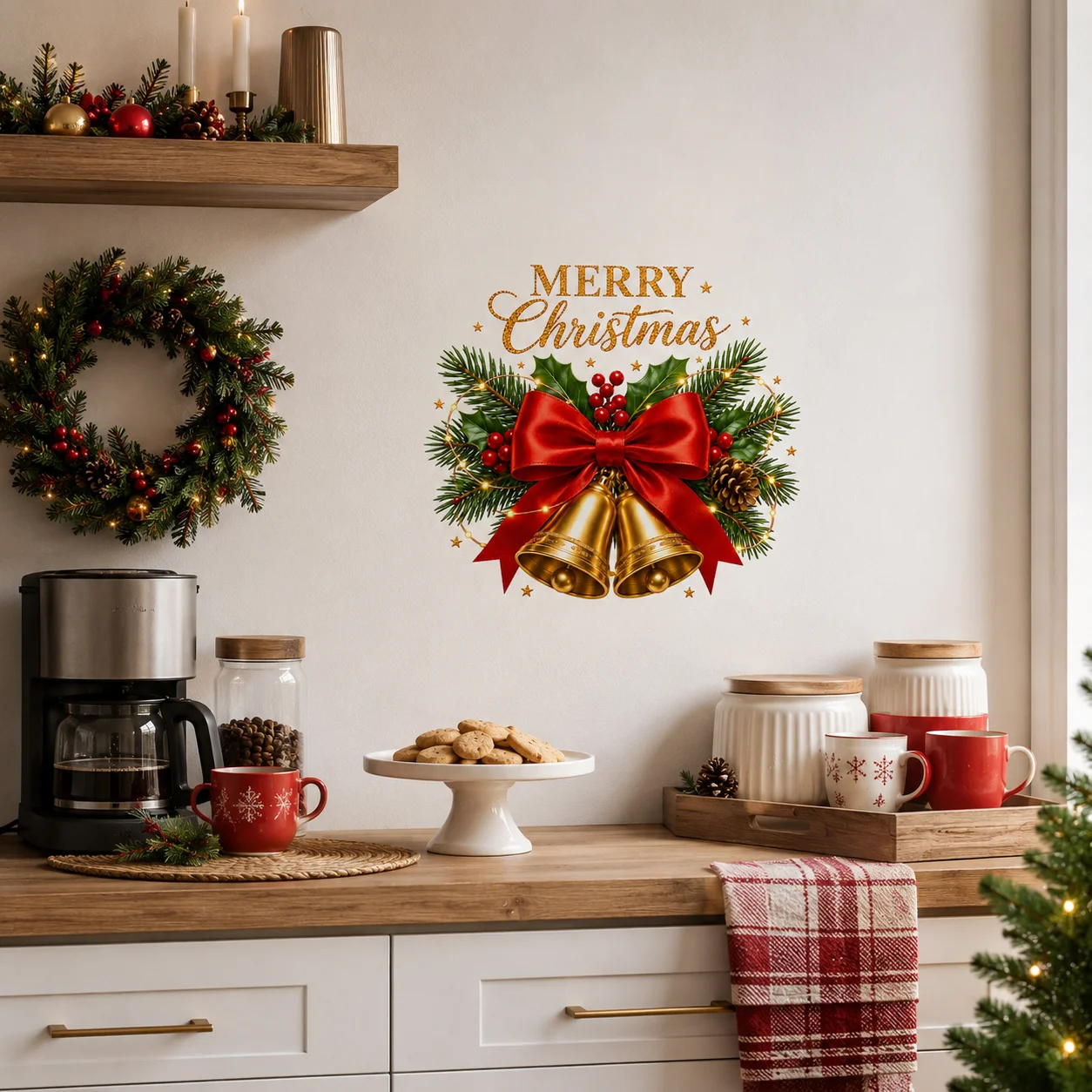 Merry Christmas Wall Decals Xmas Bells Red Bow Holly Berries Winter Holiday Wall Sticker Toilet Lid Decor