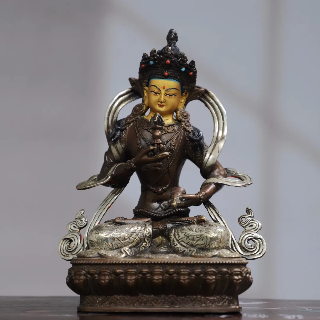 

8"Tibetan Temple Collection Old Bronze Gilding silvering Cinnabar Painted Vajrasattva Dorje Sempa Sitting Buddha Worship Hall