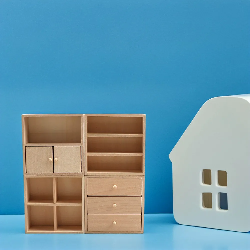 

Набор из 4 миниатюрных шкафов из массива дерева для кукольного домика, неокрашенная мебель для декора, реалистичная миниатюрная кухня и спальня для кукольного домика