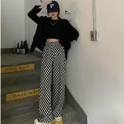 Black and White Checkerboard Slacks Women's Trend Versatile Straight-leg Pants Pleated Style Wide-leg Pants Loose Mop Trousers