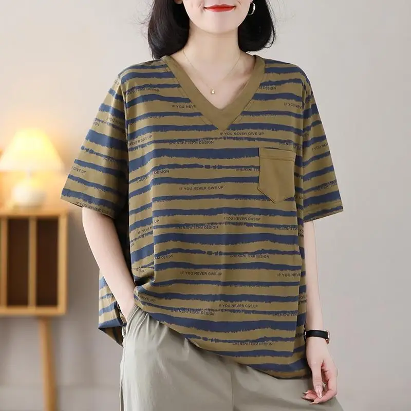 Big Size Cotton Women Clothing Striped Oversized T-Shirt Korean Fashion Summer Short Sleeve Versatile Vintage Basic Casual Tops