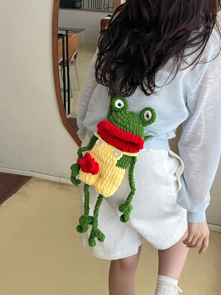 Hand Knitted Large Mouth Frog Phone Bag Women's Crossbody Shoulder Bag Hook Needle Sausage Bag Friend Single Shoulder Bag