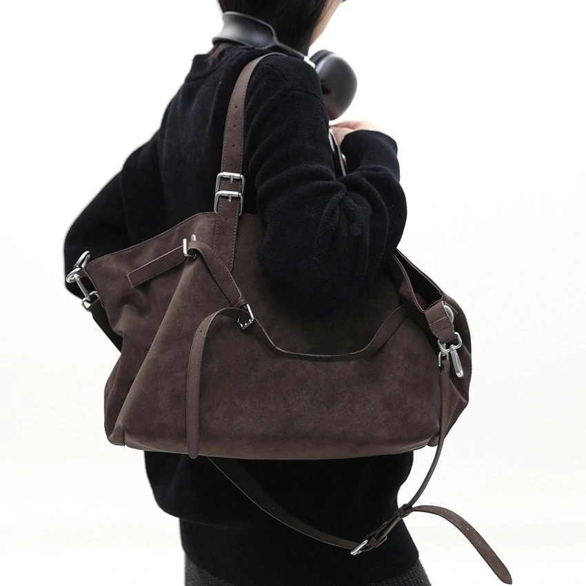 Ladies' personalized Y2K spicy girl handbag, street style, retro style frosted suede PU handbag - coffee brown,