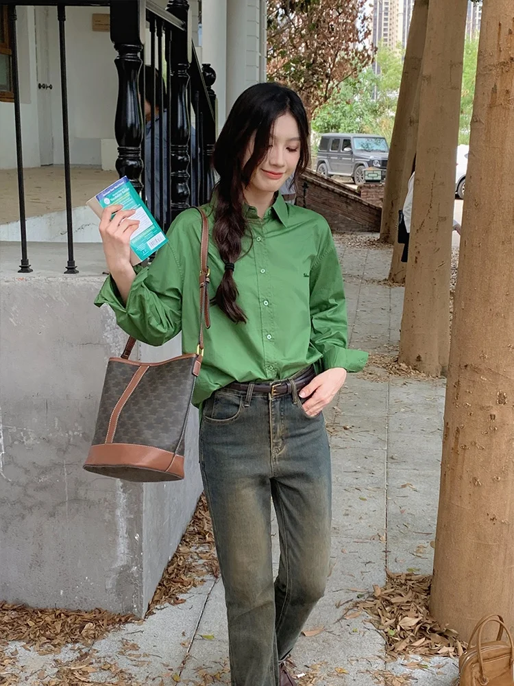 

Женская свободная блузка с вышивкой, длинным рукавом, базовая, стройнящая, удобная, из полиэстера, в корейском стиле, для повседневной носки